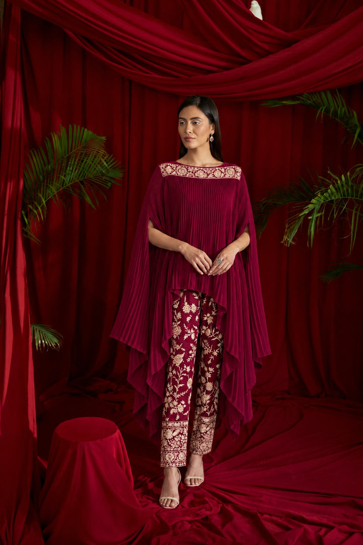 Reyna gara pleated cape with pants - Wine