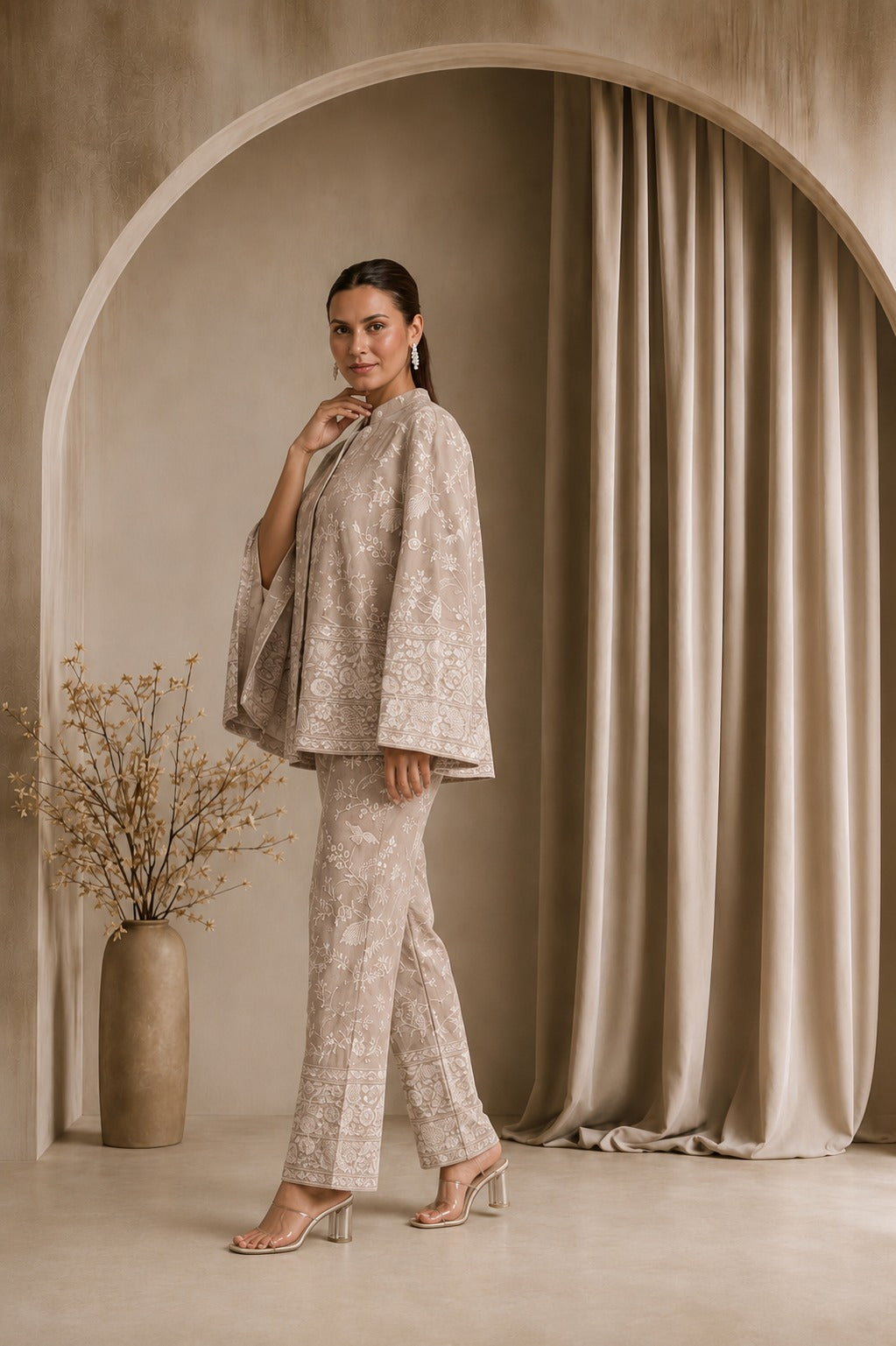 REYNA GARA GLAZED CAPE JACKET WITH COORDINATED PANTS - BEIGE