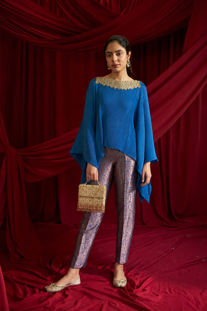 DIVINE EMBROIDERED CAPE SET WITH COLOURFUL BROCADE PANTS - BLUE