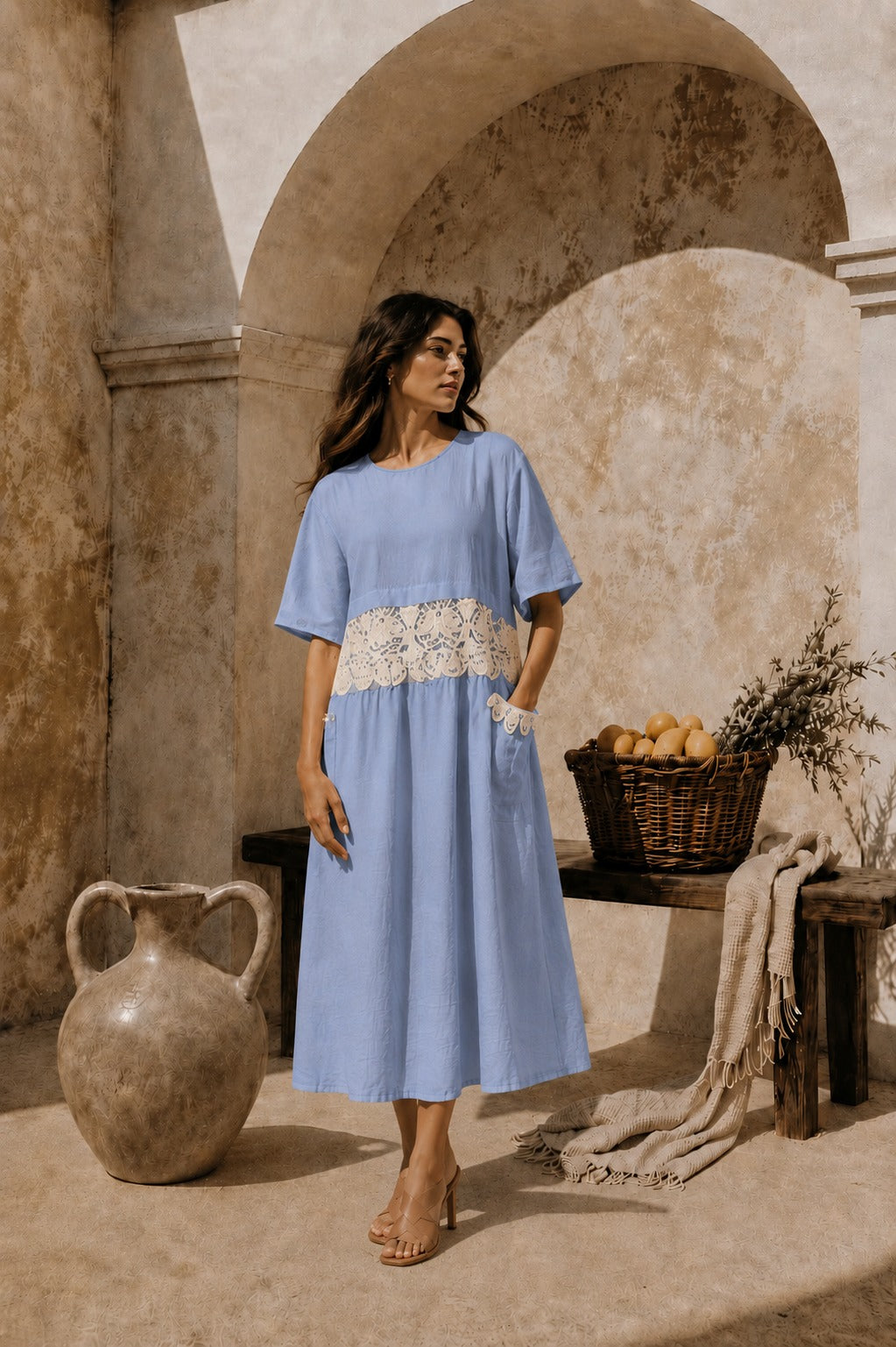 COTTON CAMERON LACE DRESS - BLUE & WHITE