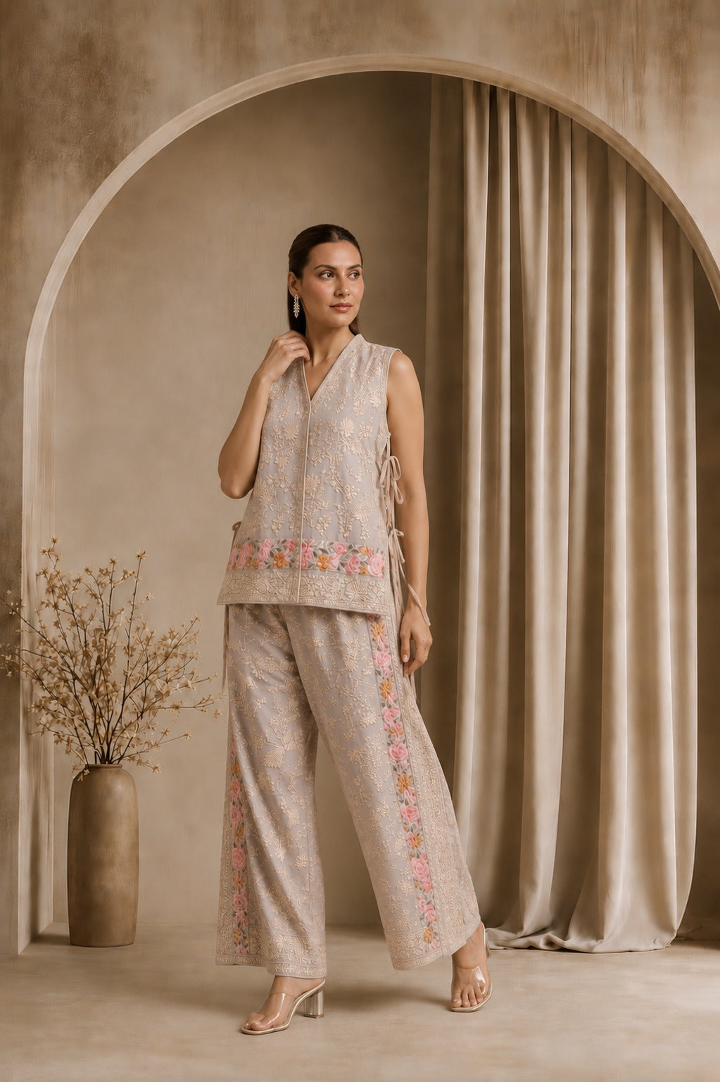 REYNA GARA ROSE WAIST COAT WITH COORDINATED PANTS - BEIGE
