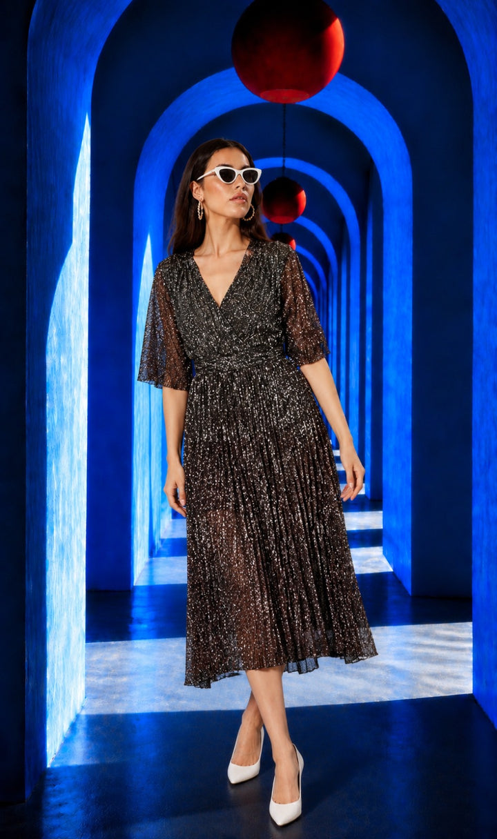Divine Plunge Uptown Midi Dress- Grey Wine Ombre