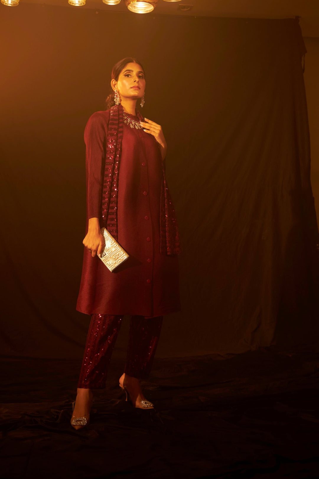 Bandgala Tunic Set with Seq Pant and Seq Scarf - Maroon