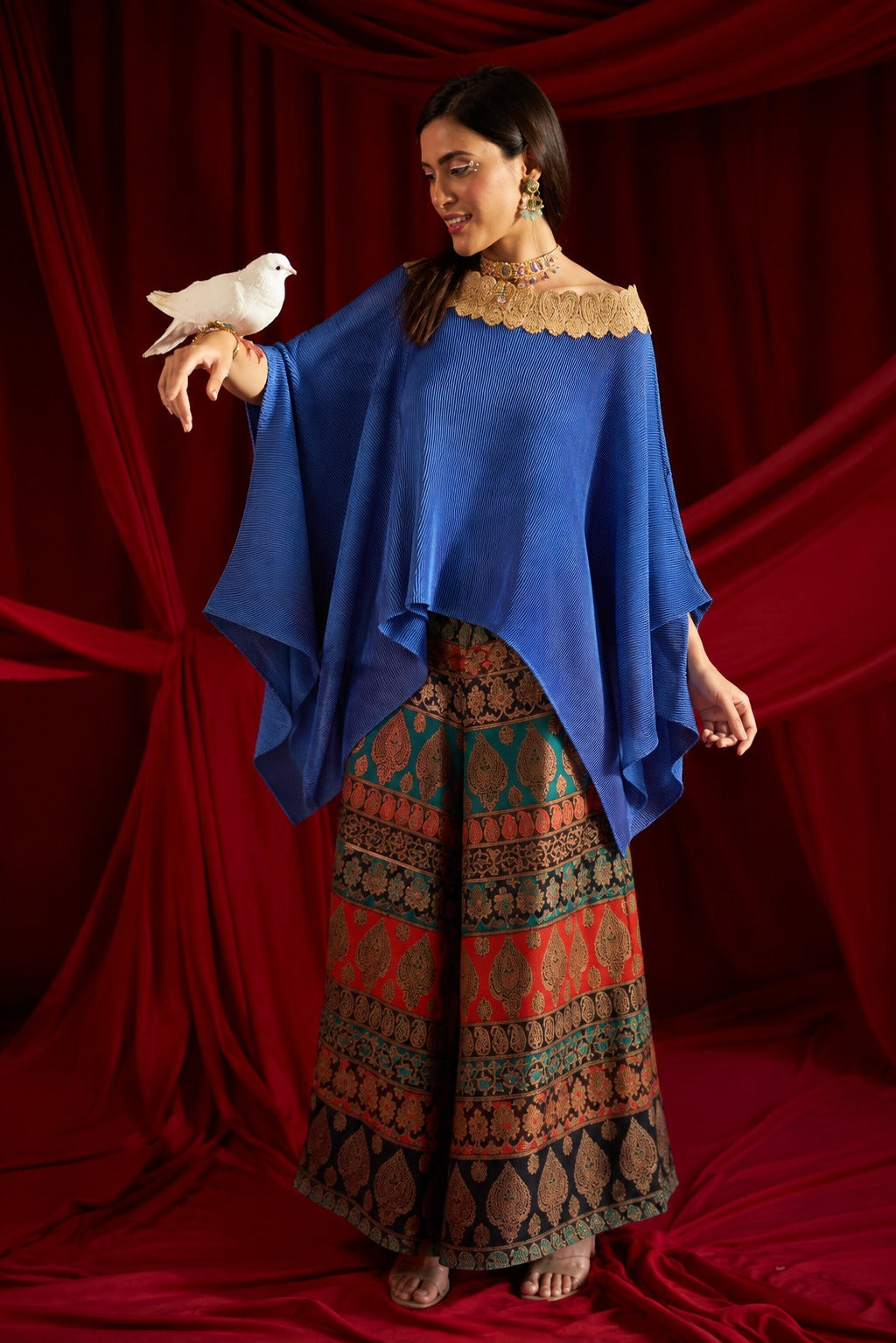 DIVINE EMBROIDERED CAPE SET WITH COLOURFUL BROCADE PANTS - BLUE