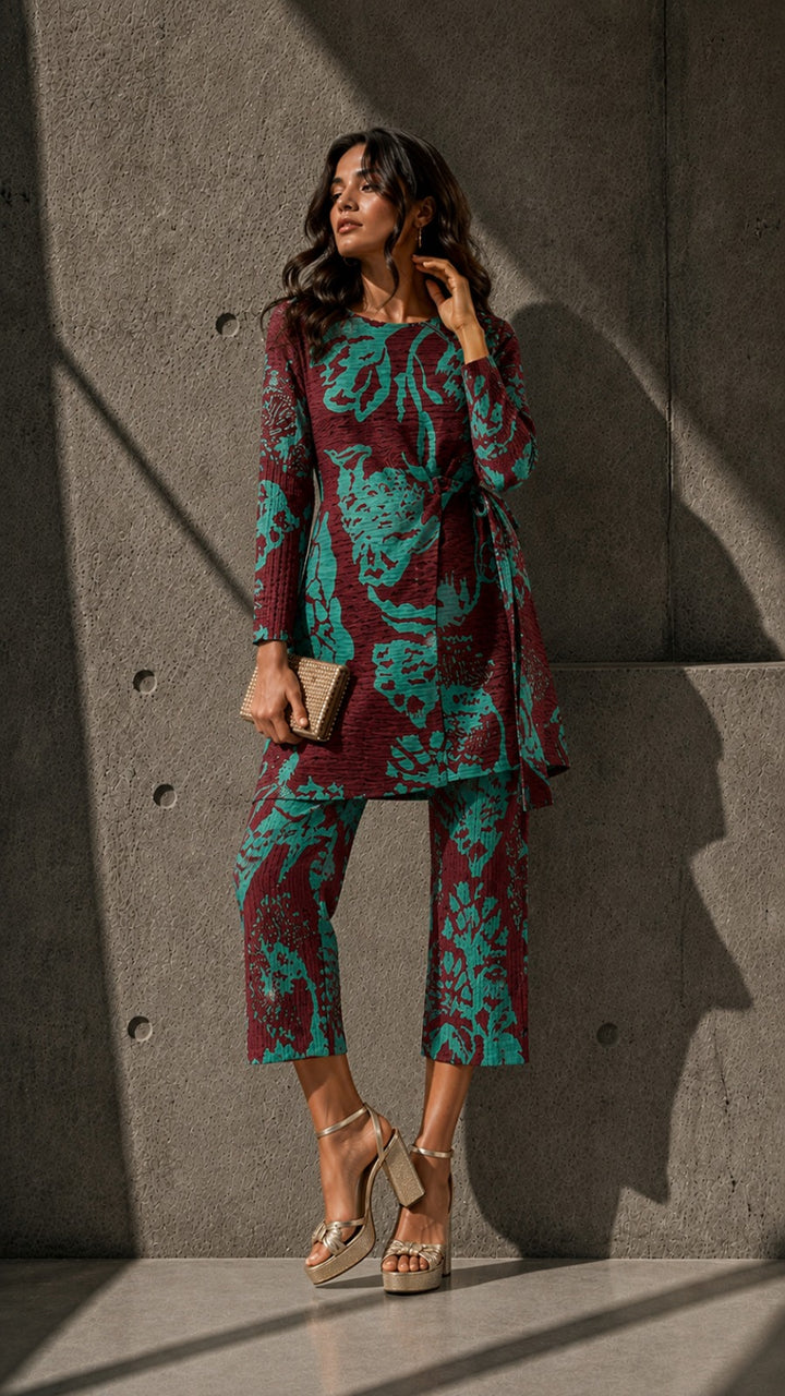 Olivia Printed Cinched-in Co-ord Sets - Maroon Green