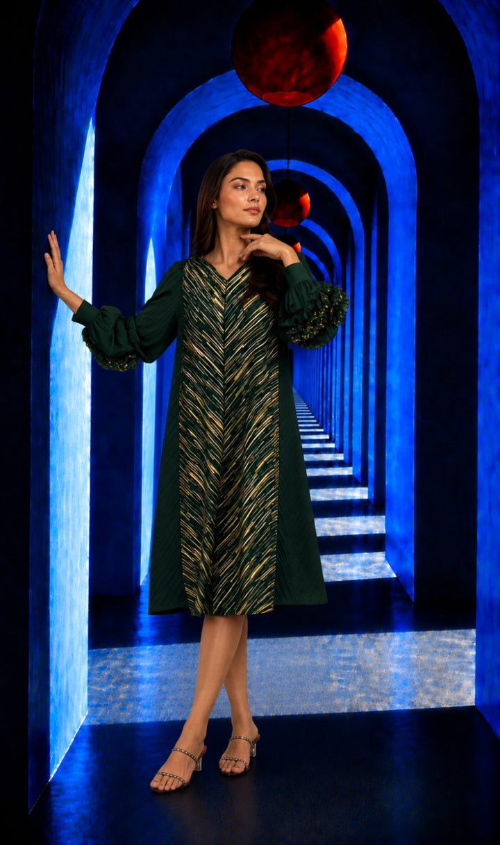 Patricia Flower up Sleeve Metallic Dress - Green