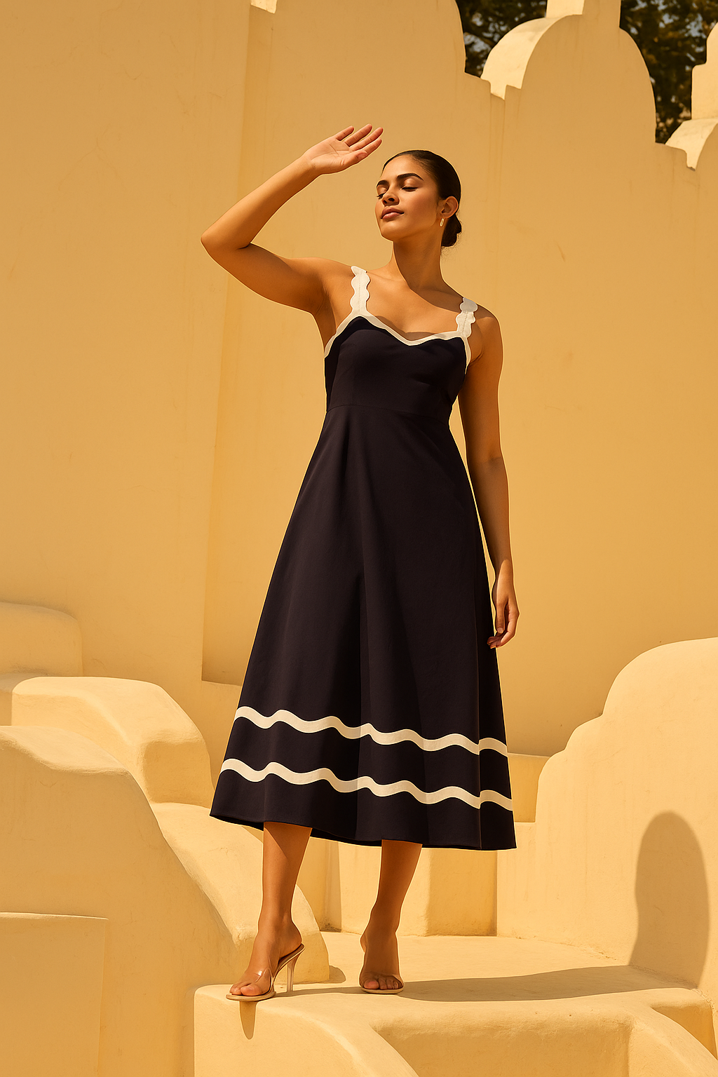 Amalfi Tide Midi Dress - Black White