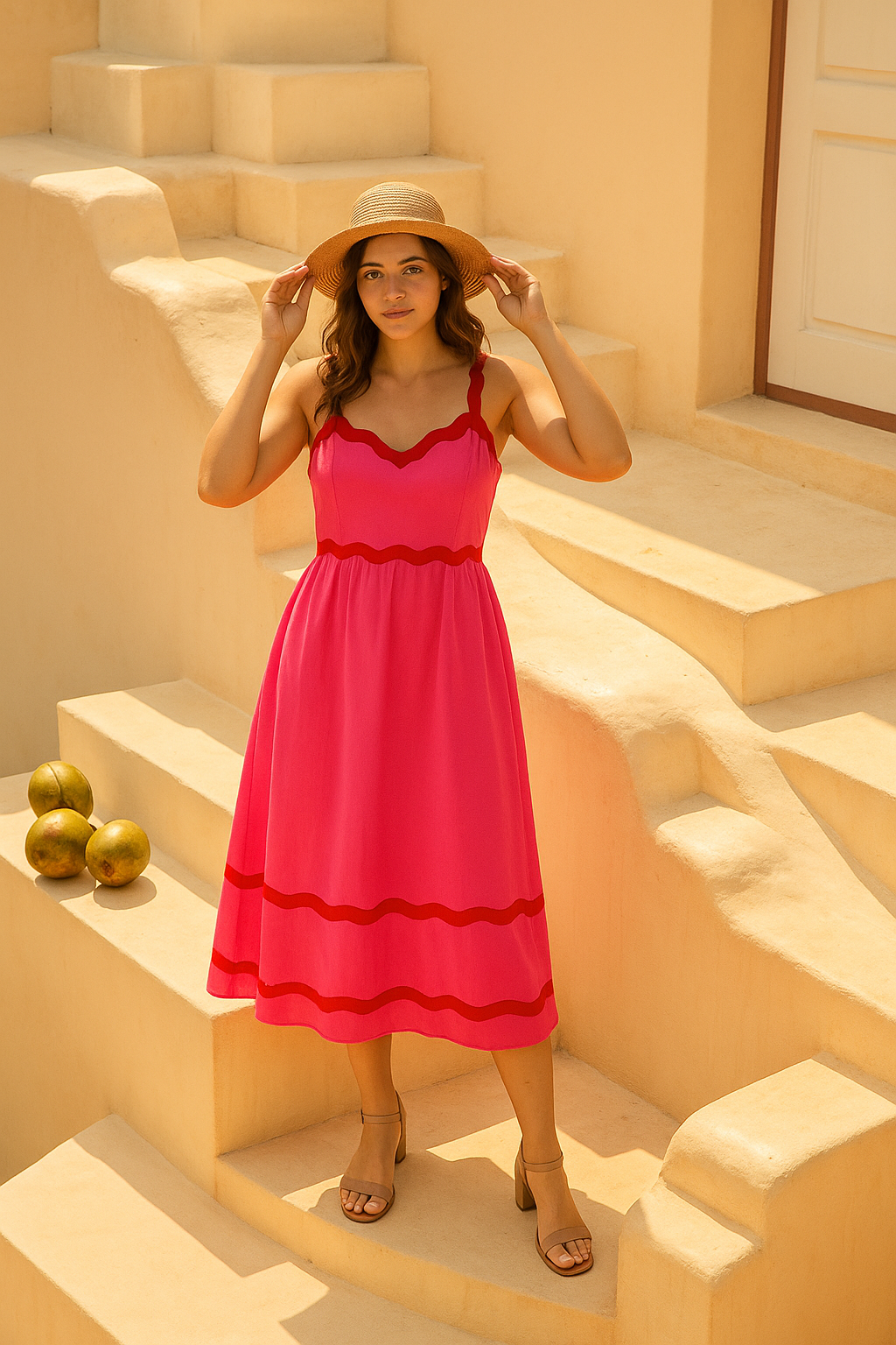 Amalfi Tide Midi Dress - Pink Red