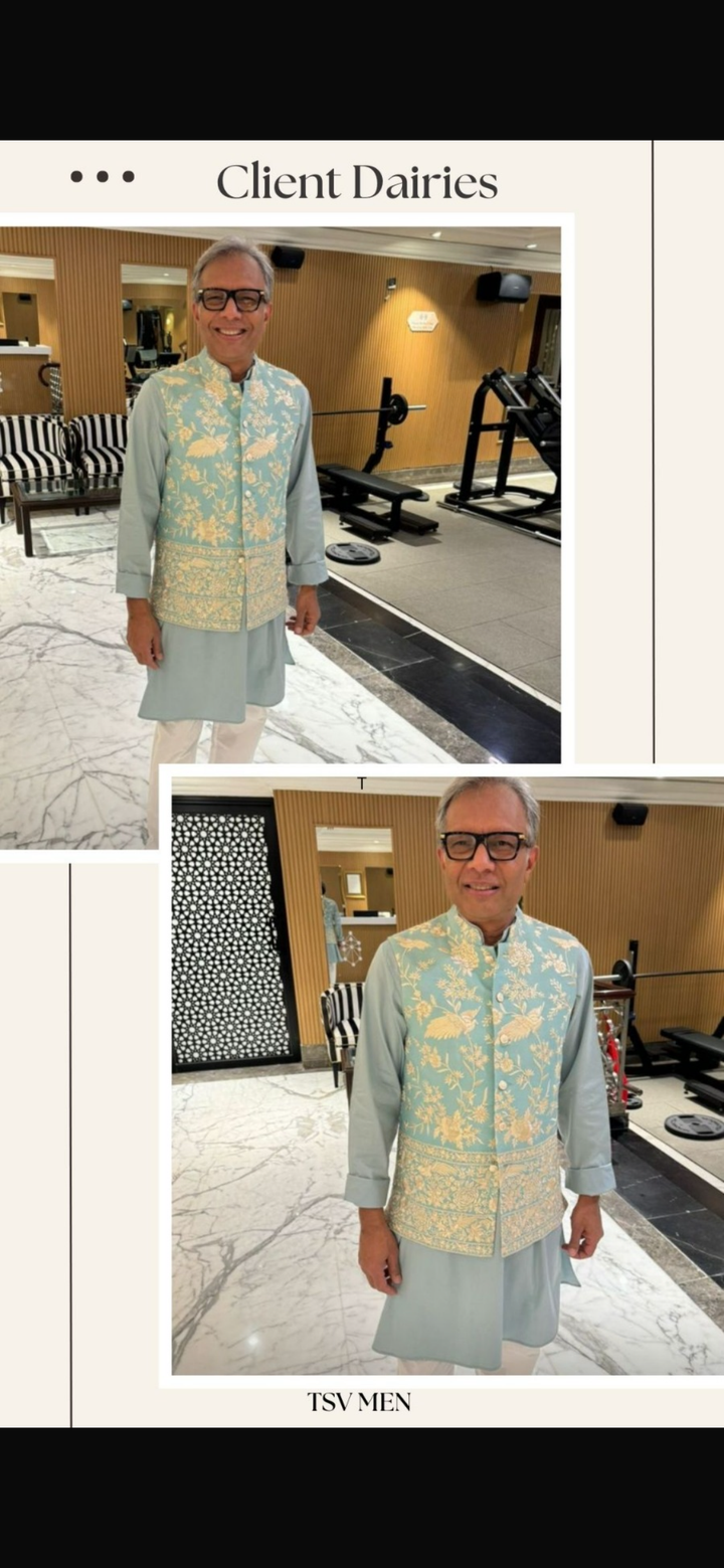 Kurta Set With Gara Glazed Jacket - Aqua Blue