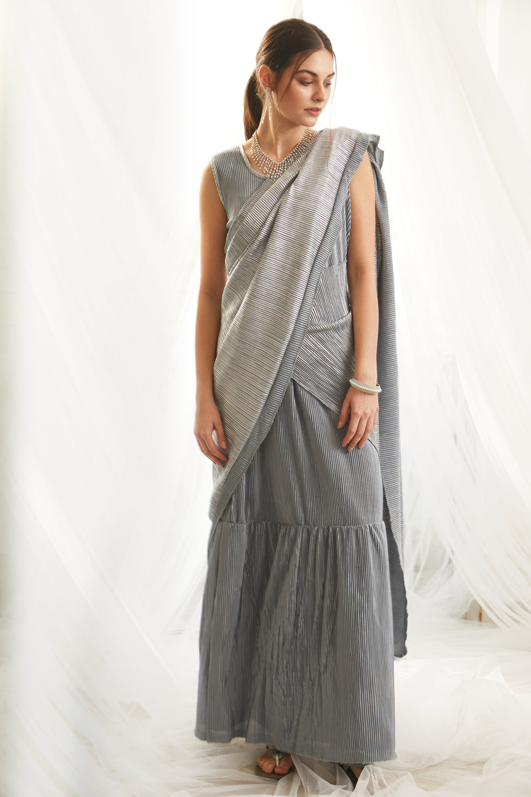 Classy Pleated Gown Saree - Metallic Powder Blue