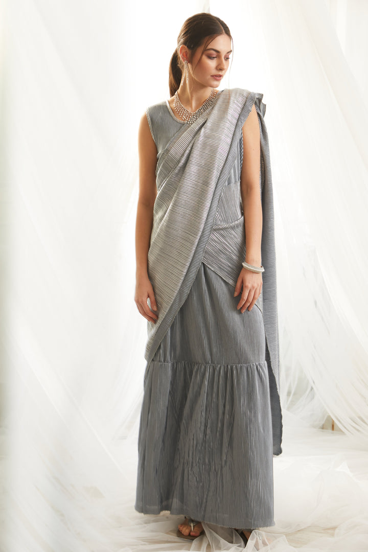 Classy Pleated Gown Saree - Metallic Powder Blue