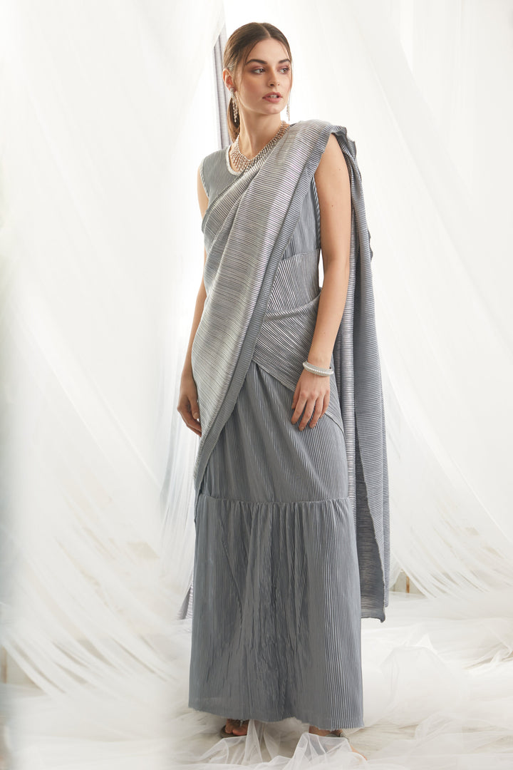 Classy Pleated Gown Saree - Metallic Powder Blue