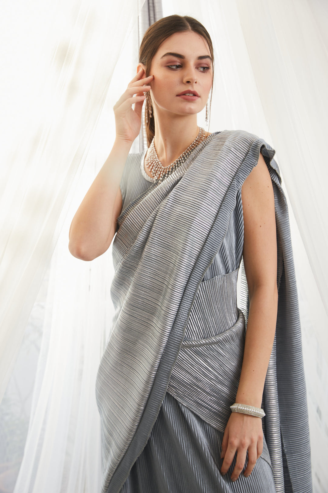 Classy Pleated Gown Saree - Metallic Powder Blue
