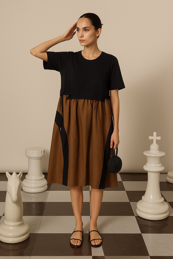 CAMERON CINCHED DRESS- BLACK & BROWN