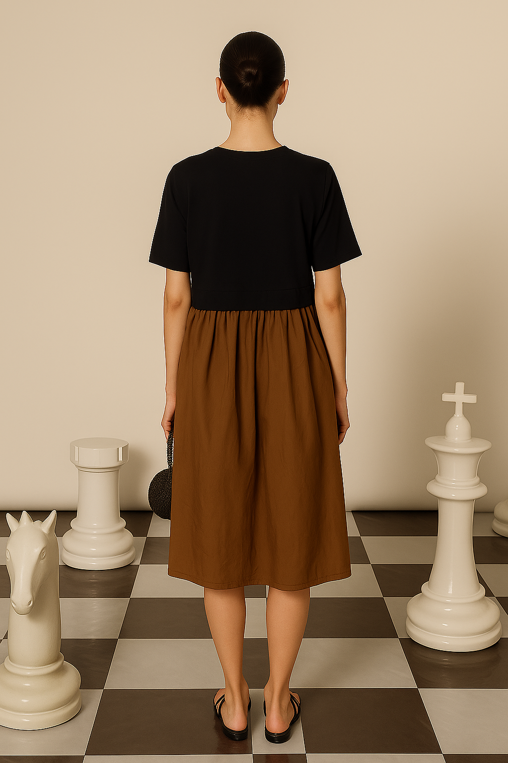 CAMERON CINCHED DRESS- BLACK & BROWN