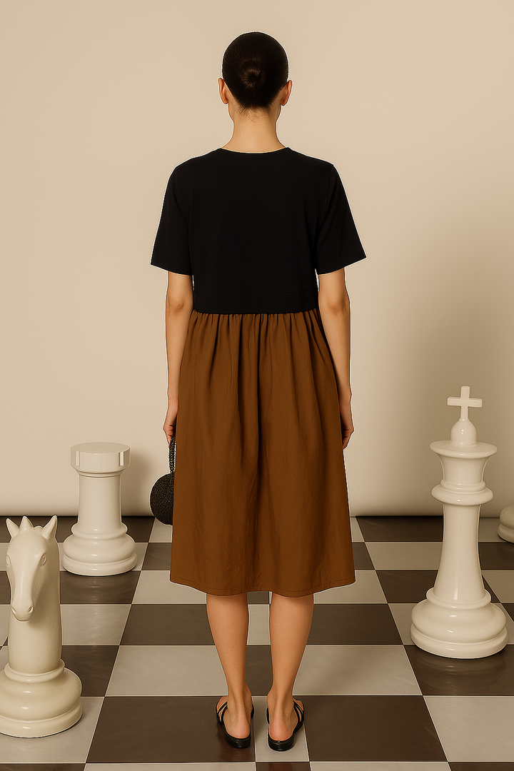 CAMERON CINCHED DRESS- BLACK & BROWN