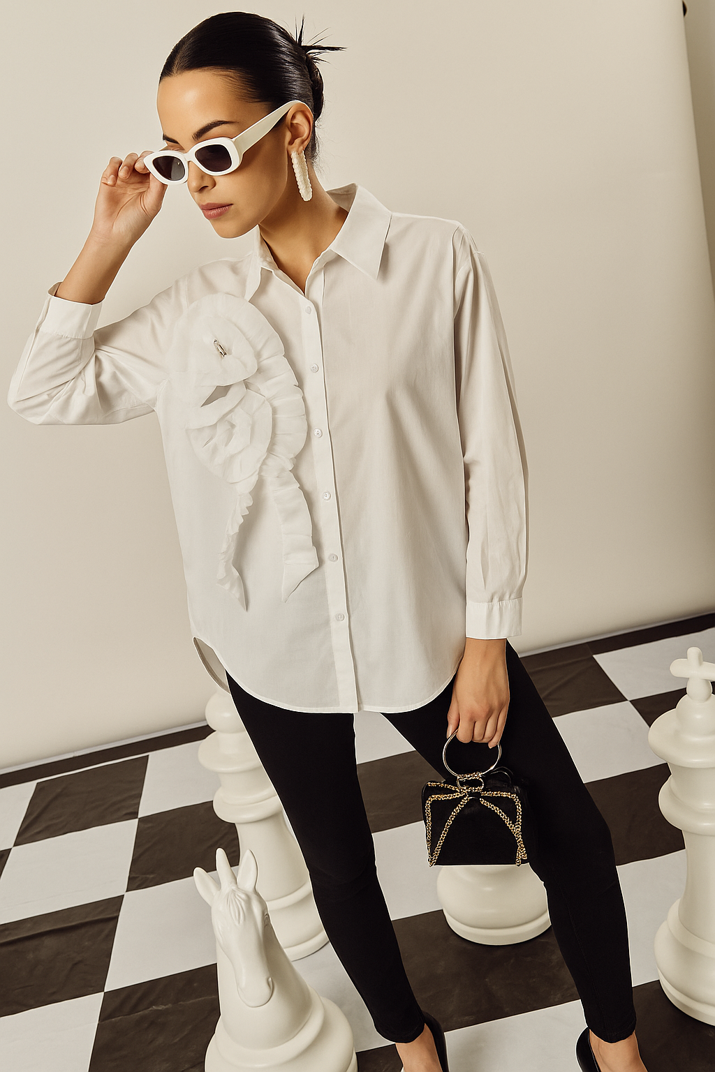 Daisy Pearl Ruffle Shirt - White