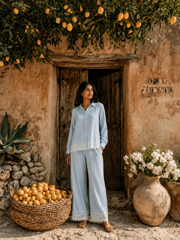 Cameron Cutwork Shirt Set - Powder Blue