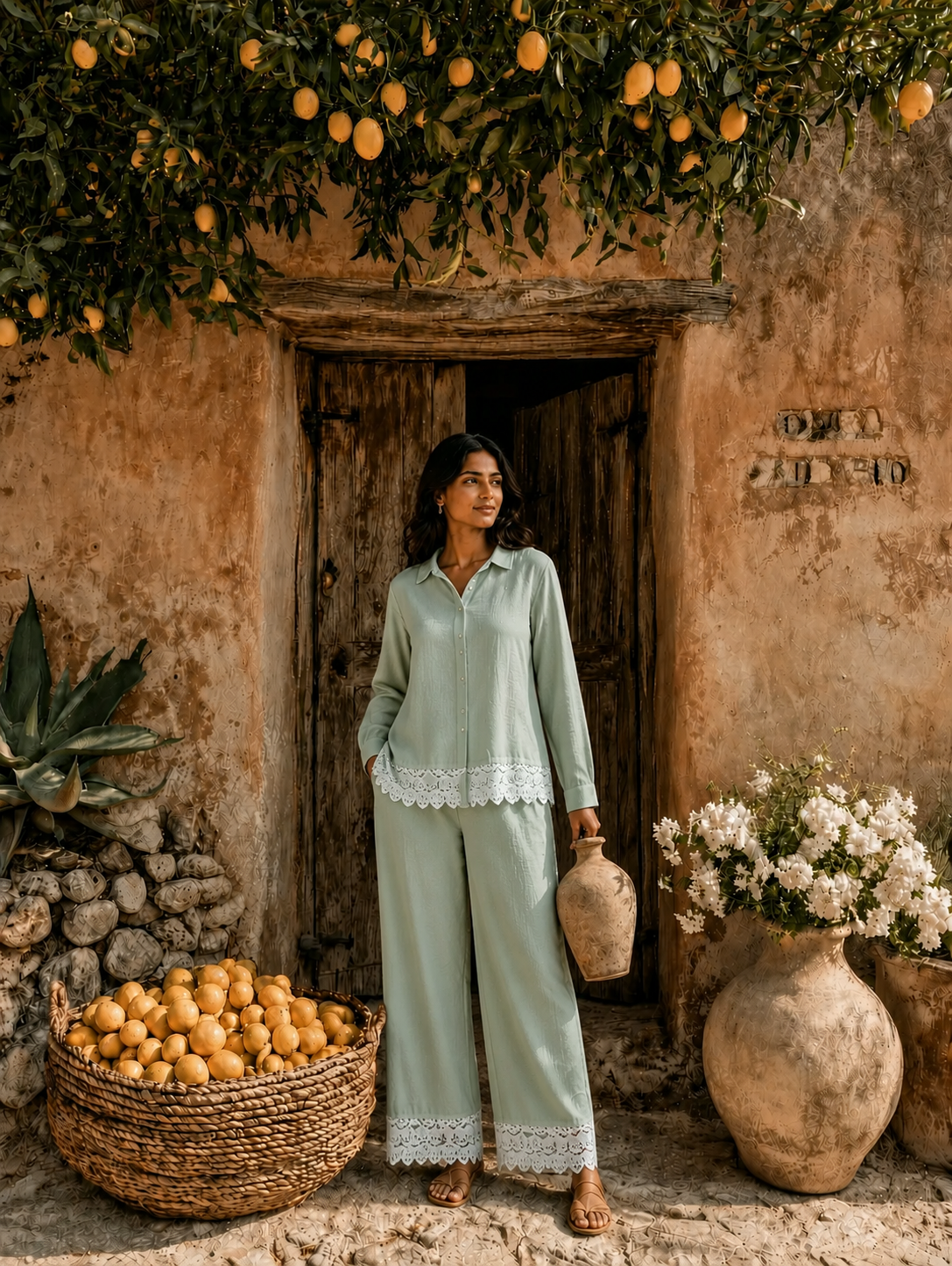 Cameron Cutwork Shirt Set - Sage Green