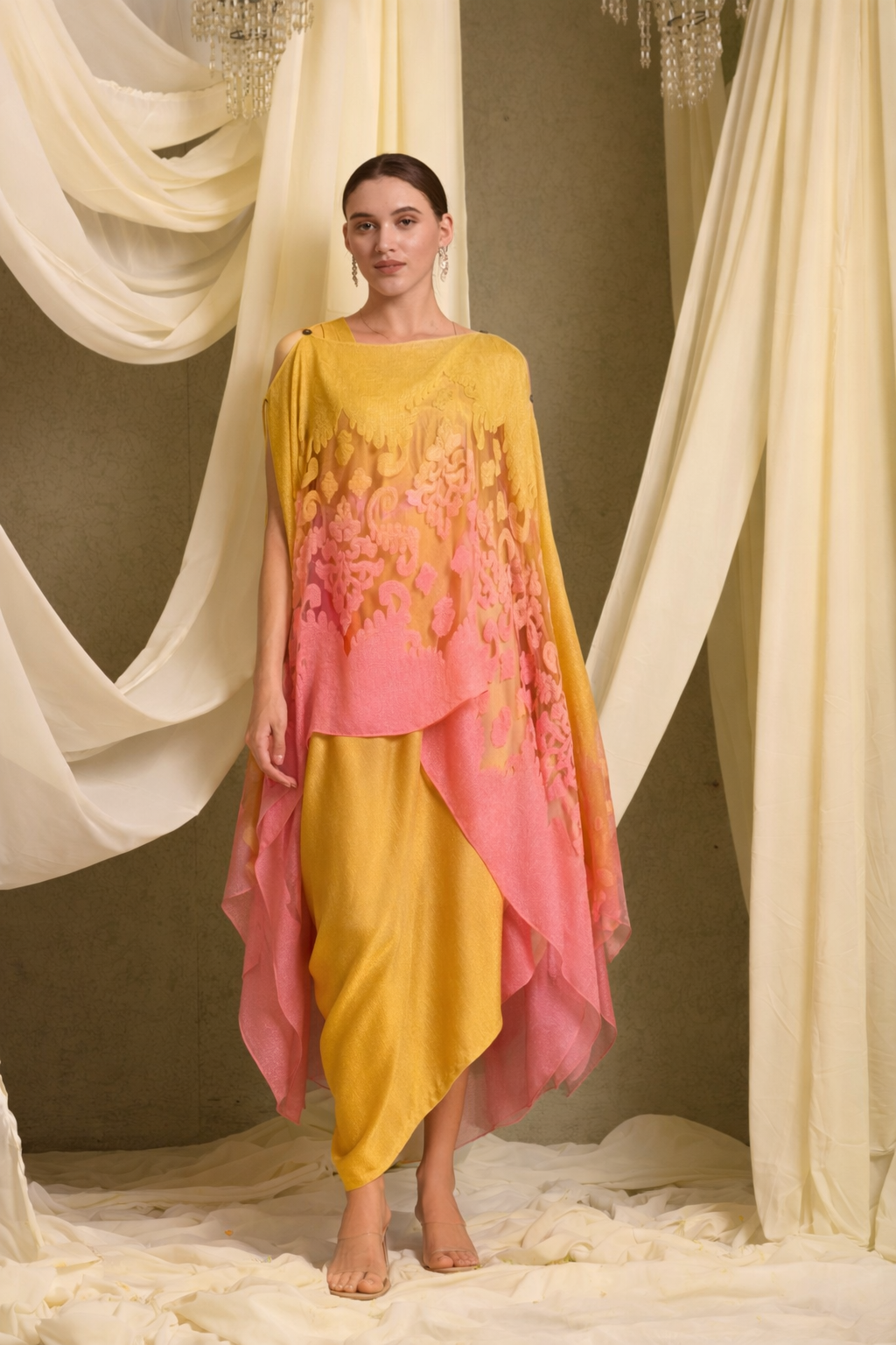 SLIP EASY WITH ORGANZA CAPE-MUSTARD WITH CORAL PINK