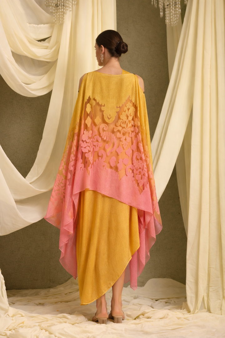 SLIP EASY WITH ORGANZA CAPE-MUSTARD WITH CORAL PINK