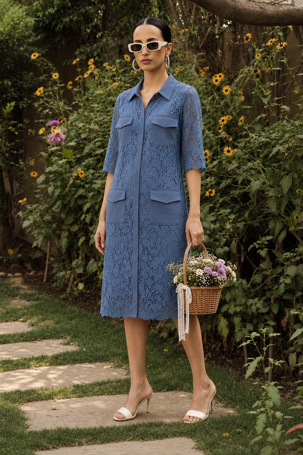 MYRA MESH LONG DRESSS WITH POCKETS - BLUE