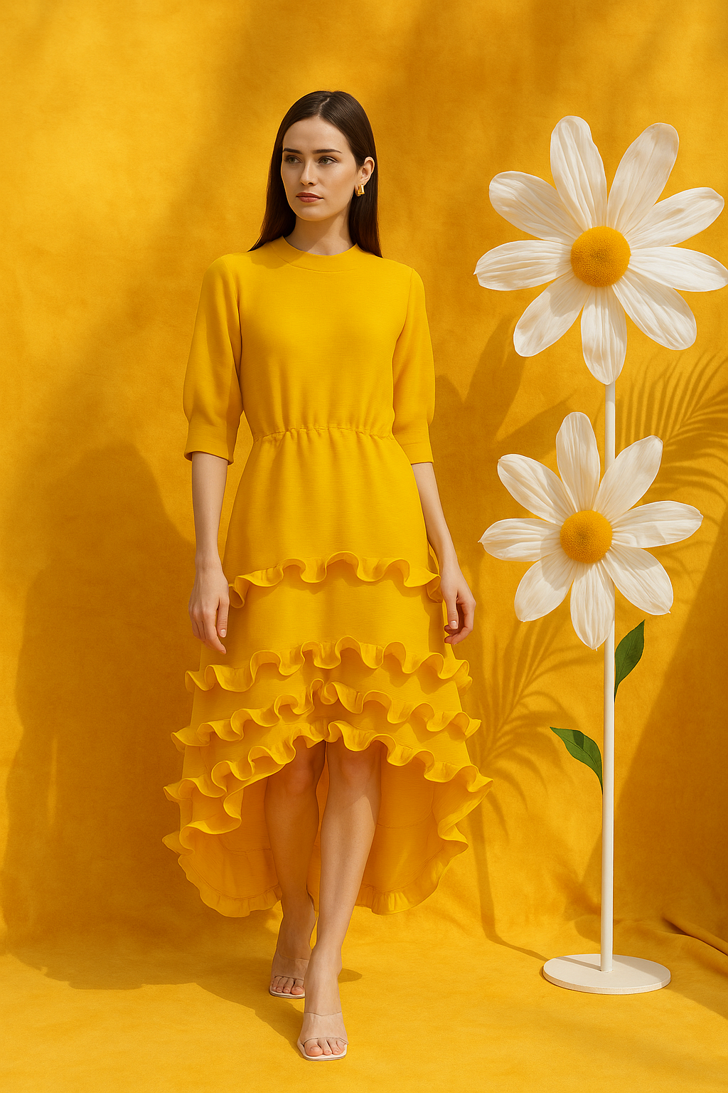 Rebecca Ruffle Cinched-in Dress - Yellow