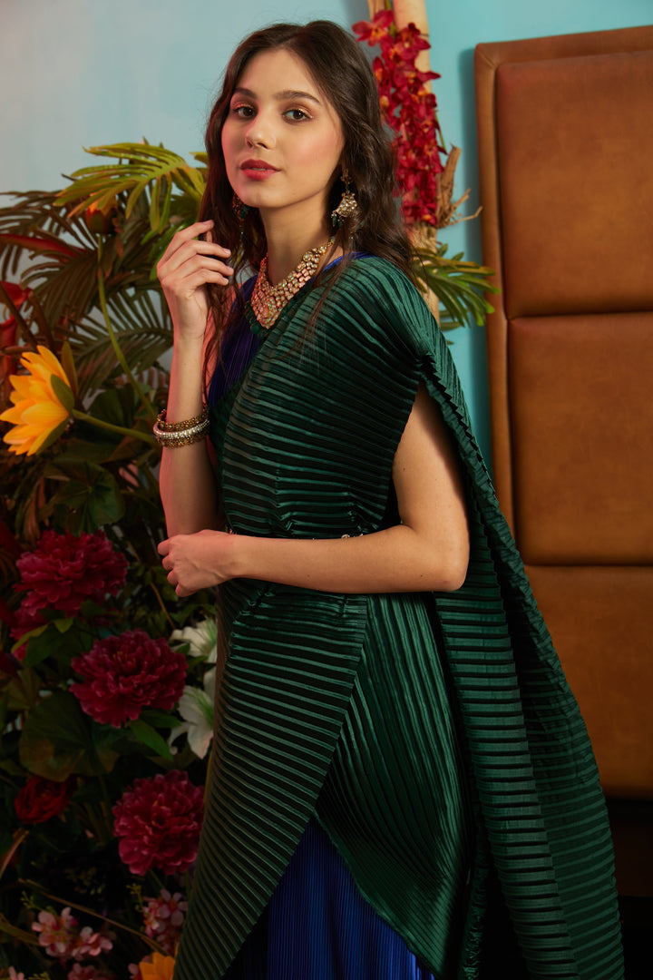 Classy Pleated Colorblock Gown Saree - Electric Blue Gown with Emerald Green Drape