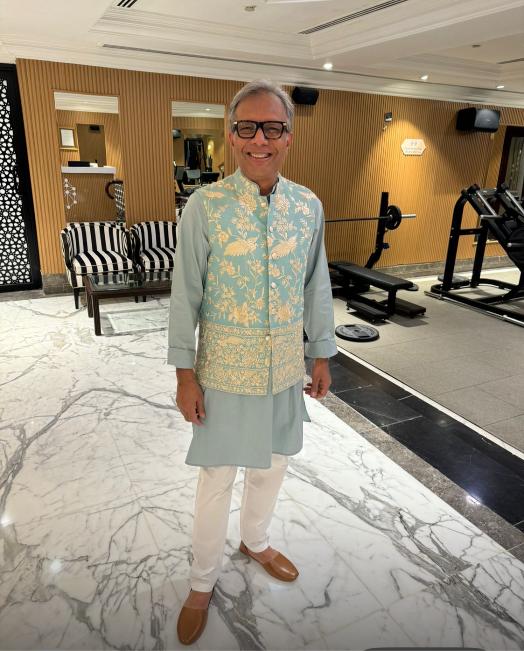 Kurta Set With Gara Glazed Jacket - Aqua Blue