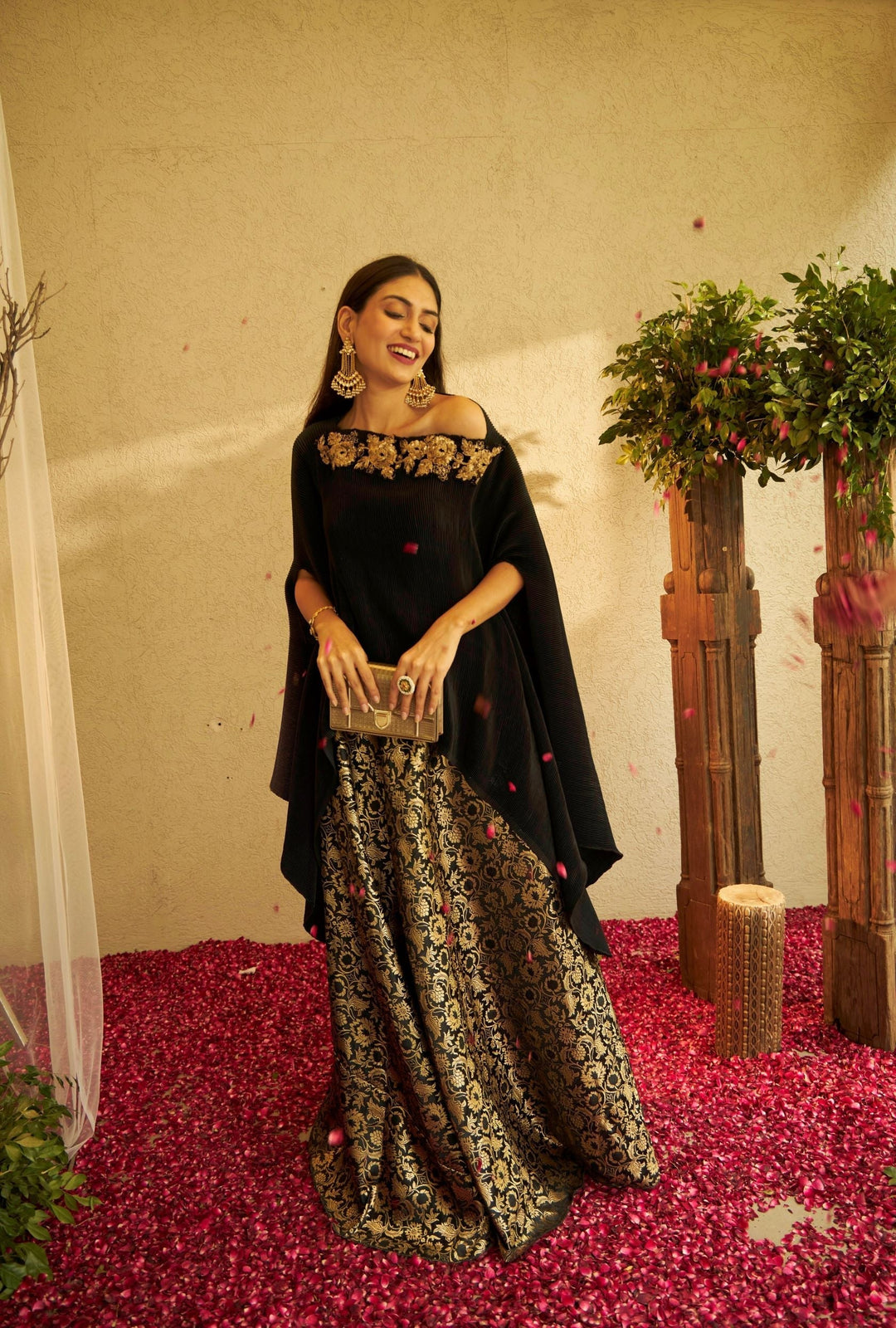 Divine Embroidered Cape with Brocade Pants  - Black