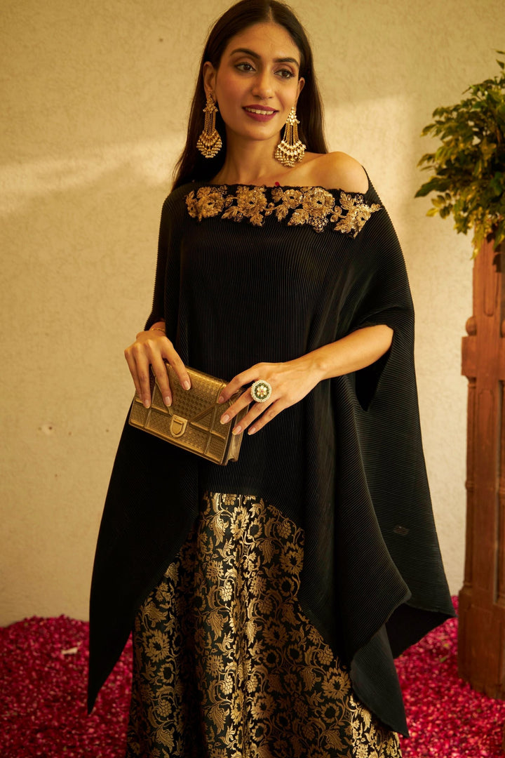 Divine Embroidered Cape with Brocade Pants  - Black