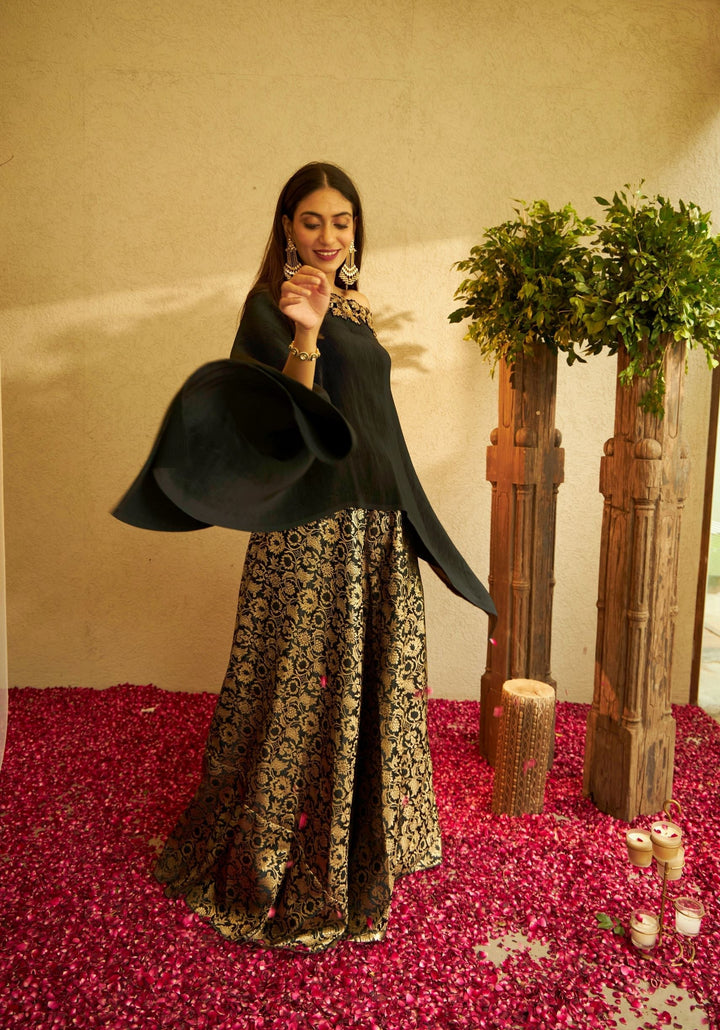 Divine Embroidered Cape with Brocade Pants  - Black