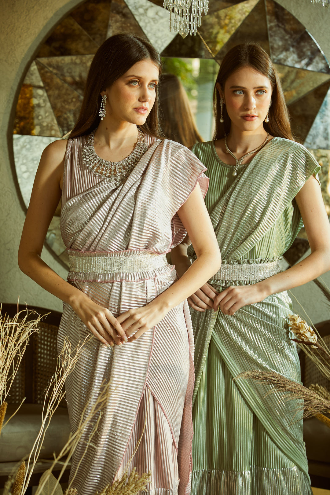 Metallic Classy Pleated Gown Saree with Belt - Sage Green