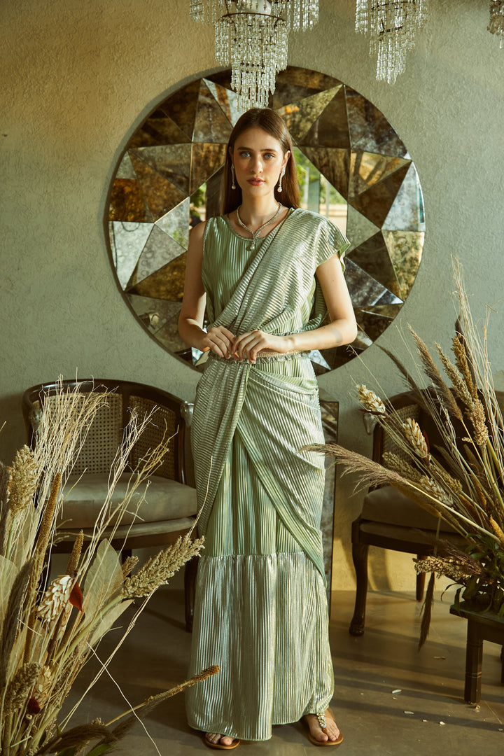 Metallic Classy Pleated Gown Saree with Belt - Sage Green