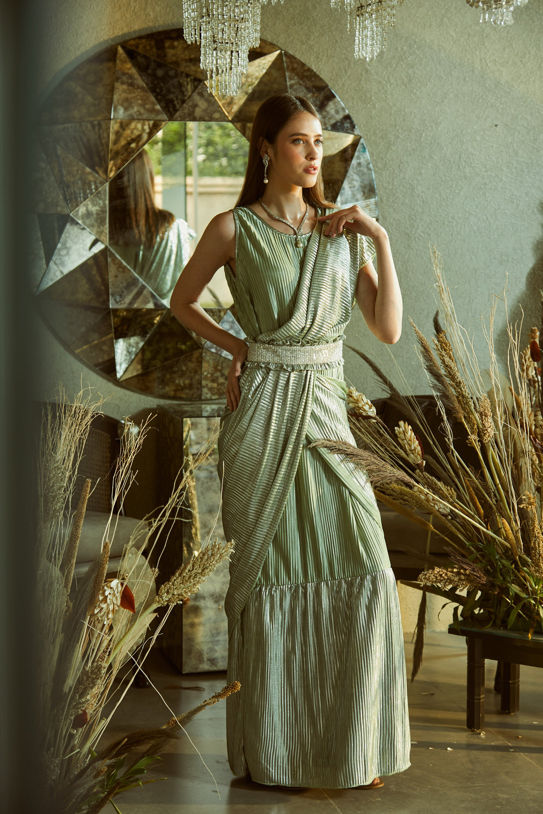 Metallic Classy Pleated Gown Saree with Belt - Sage Green