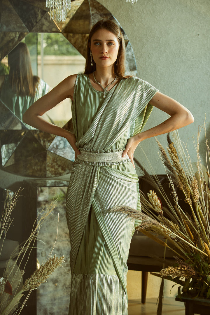 Metallic Classy Pleated Gown Saree with Belt - Sage Green