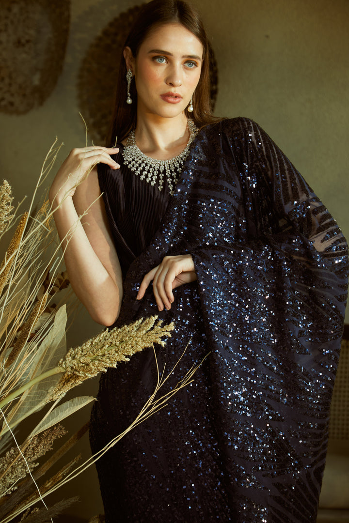 Idylic Adorned Gown Saree With Sequence Palla - Midnight Blue