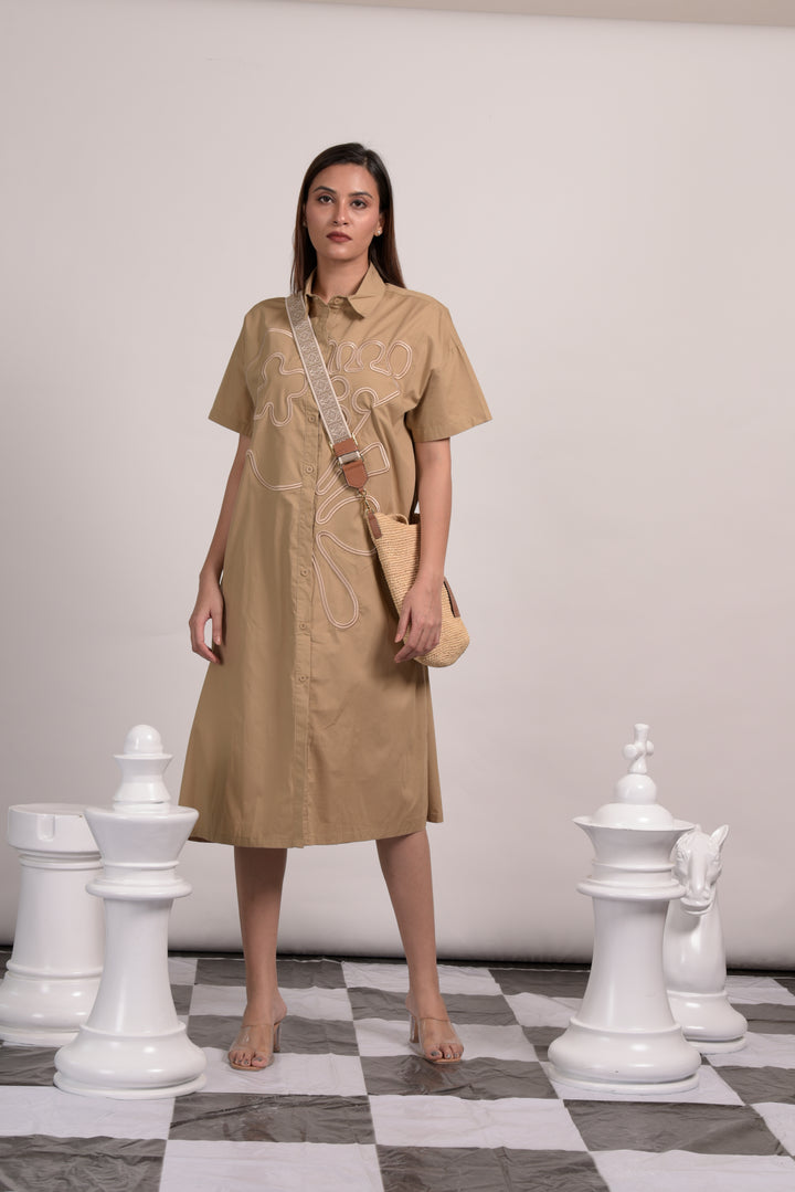 Brooklyn Embroidered Shirt Dress - Beige