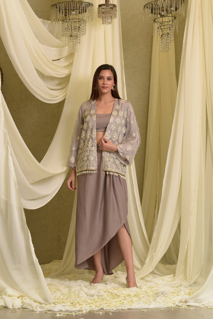 Ayla Embroidered Mesh Jacket with Crop Top and Dhoti Skirt - Grey