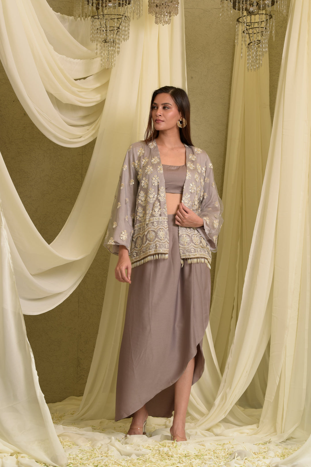 Ayla Embroidered Mesh Jacket with Crop Top and Dhoti Skirt - Grey