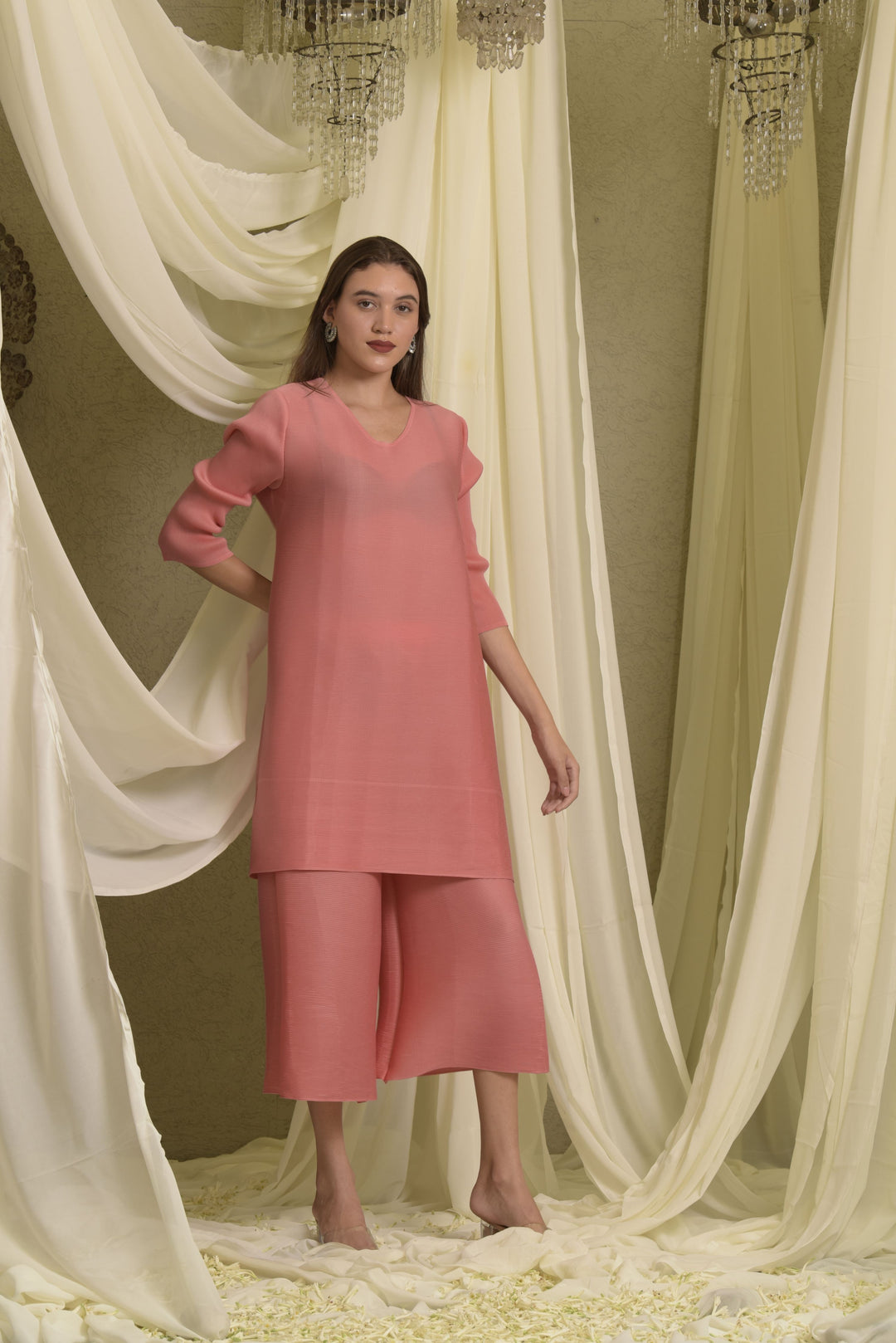 Kiara Kurta with Pleated Culottes Pants - Peach