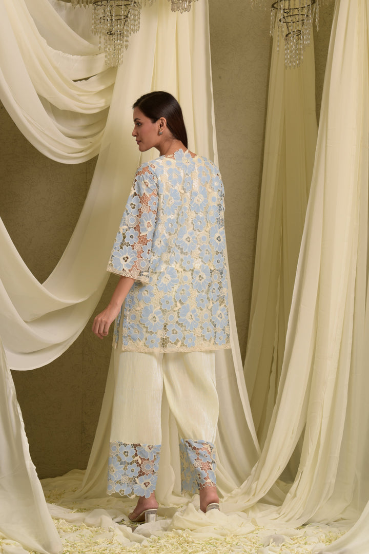 Myra Mesh Floral Pastel Kurta with Pleated Pants - Pastel Blue