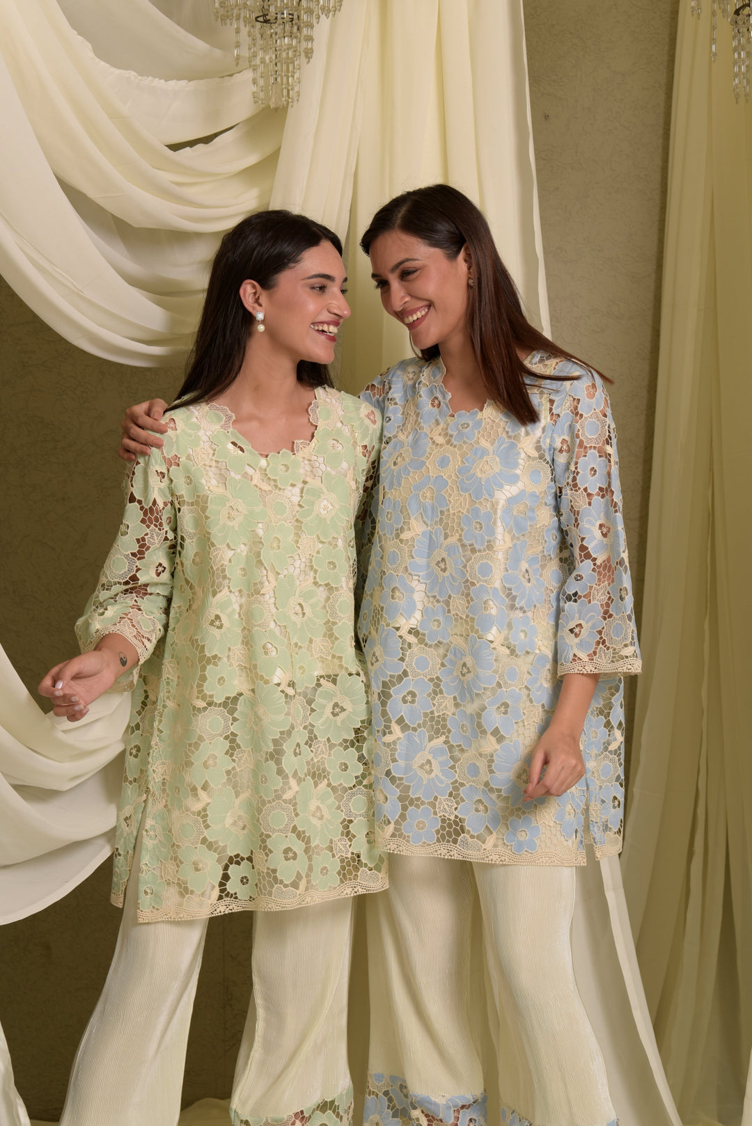 Myra Mesh Floral Pastel Kurta with Pleated Pants - Pastel Green