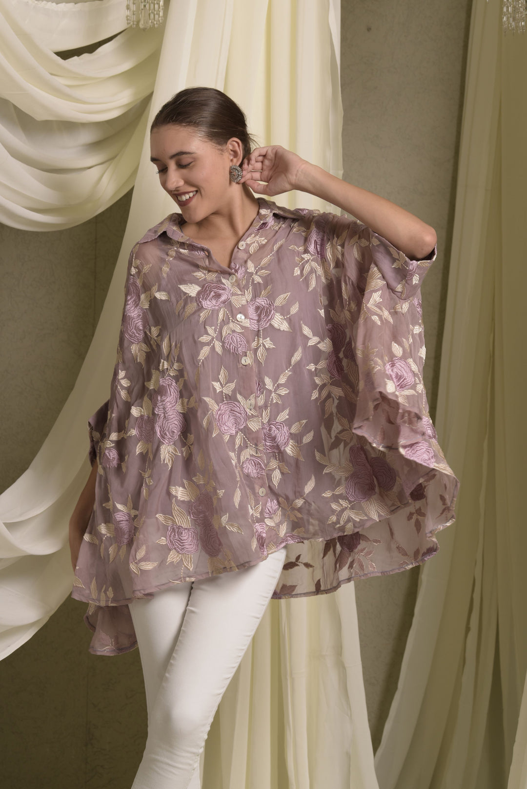 Elahe Embroidered Rose Shirt - Purple