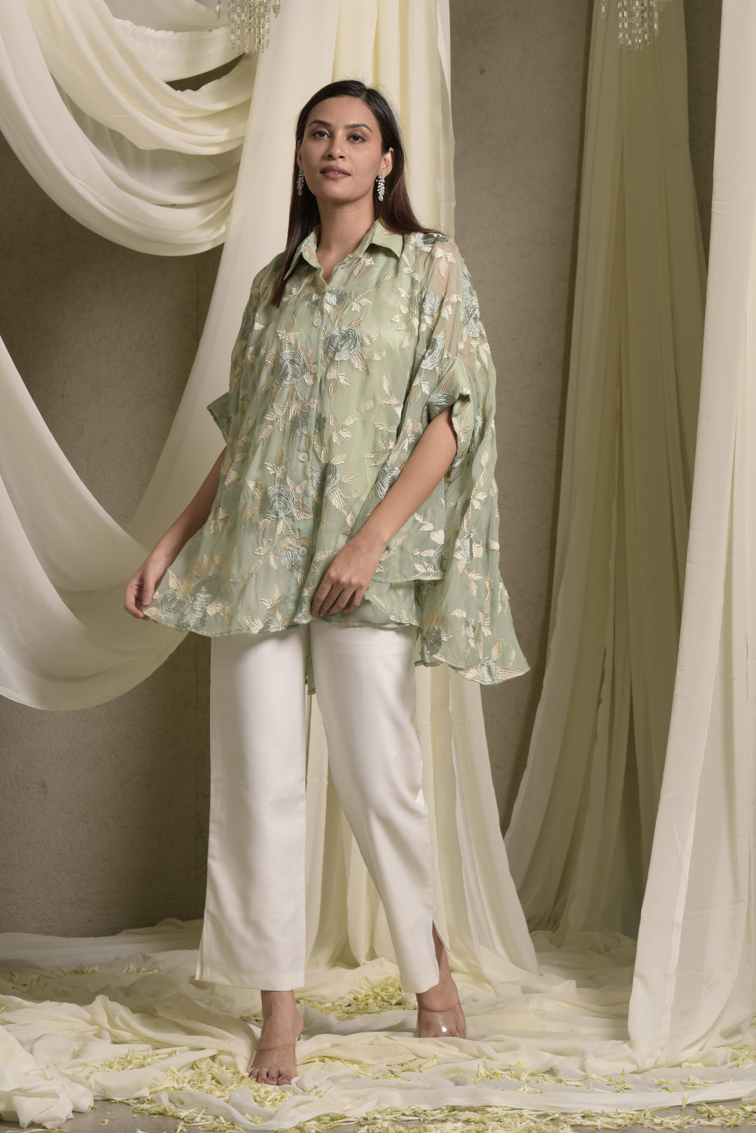 Elahe Embroidered Rose Shirt - Sage Green