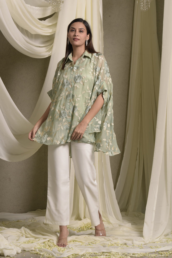 Elahe Embroidered Rose Shirt - Sage Green