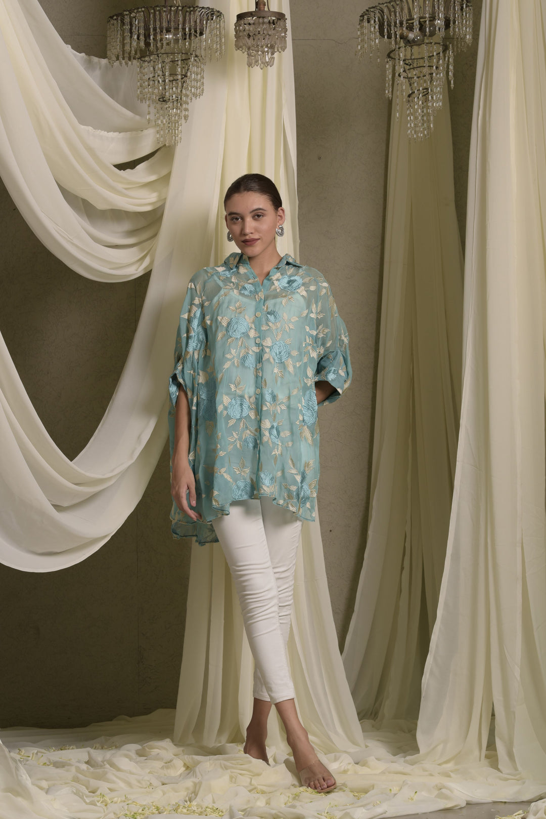 Elahe Embroidered Rose Shirt - Aqua