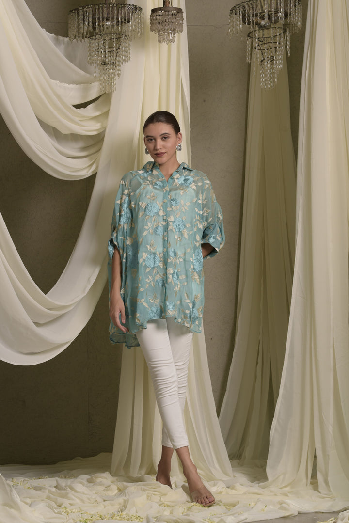 Elahe Embroidered Rose Shirt - Aqua