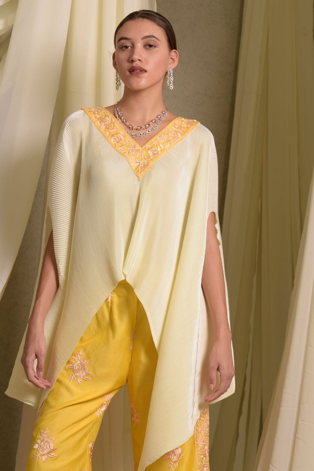 Reyna Gara Glazed Embroidered Pleated V- Neck Cape Coordinated with Straight Pants - Yellow