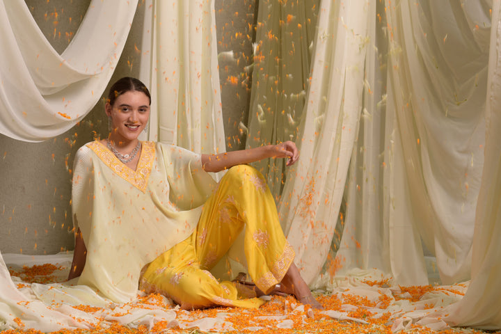 Reyna Gara Glazed Embroidered Pleated V- Neck Cape Coordinated with Straight Pants - Yellow